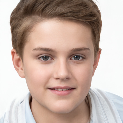 Joyful white child female with short  brown hair and grey eyes