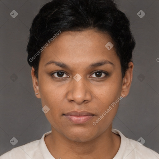 Neutral black young-adult female with short  black hair and brown eyes