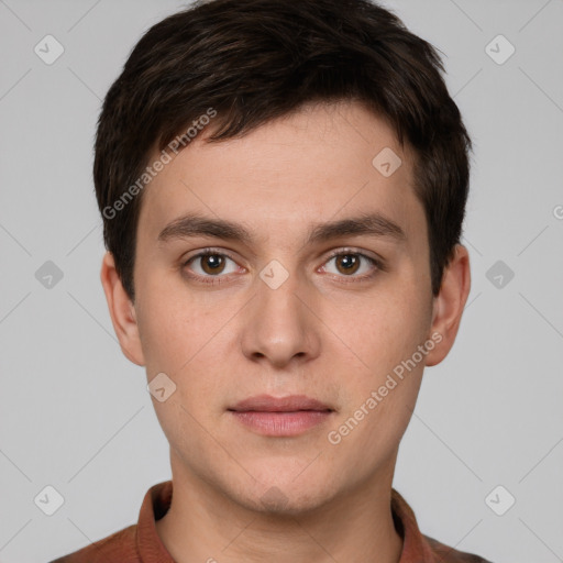 Neutral white young-adult male with short  brown hair and brown eyes