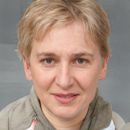 Joyful white adult female with short  brown hair and grey eyes