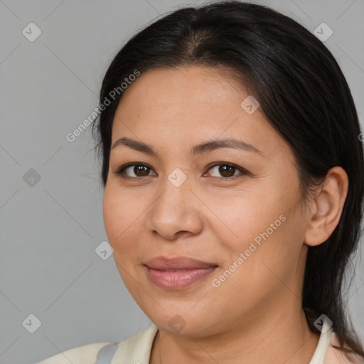 Joyful asian young-adult female with medium  brown hair and brown eyes