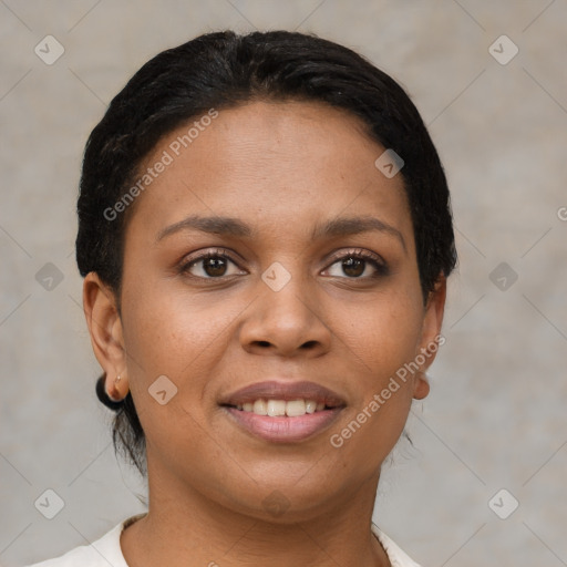 Joyful latino young-adult female with short  brown hair and brown eyes