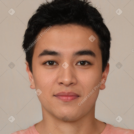 Neutral asian young-adult male with short  black hair and brown eyes