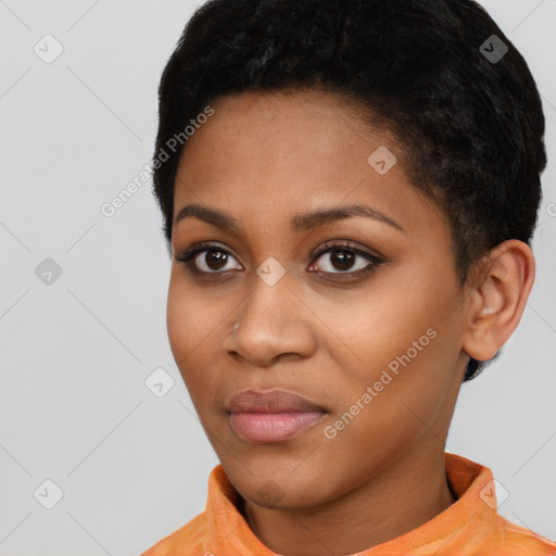 Neutral latino young-adult female with short  black hair and brown eyes