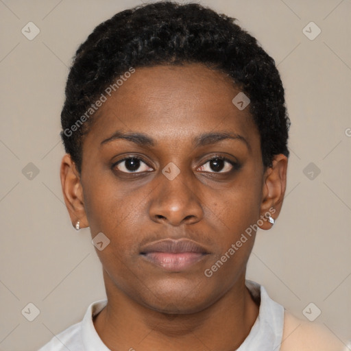 Neutral black young-adult female with short  black hair and brown eyes