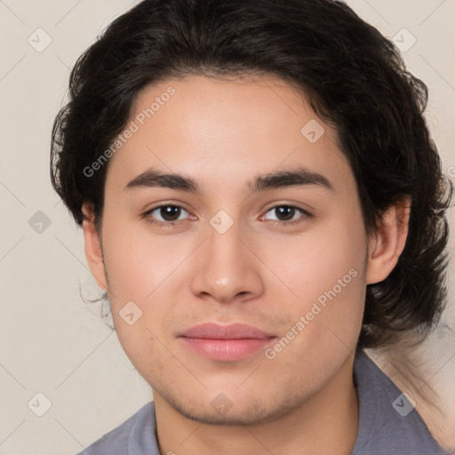 Joyful white young-adult male with medium  brown hair and brown eyes