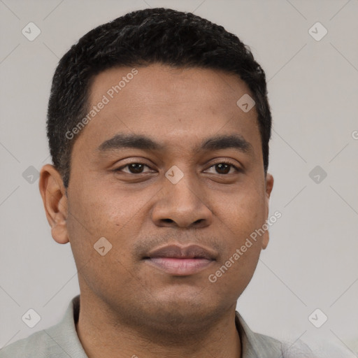 Neutral latino young-adult male with short  black hair and brown eyes
