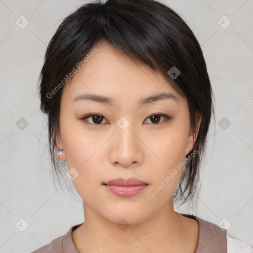 Neutral asian young-adult female with medium  brown hair and brown eyes