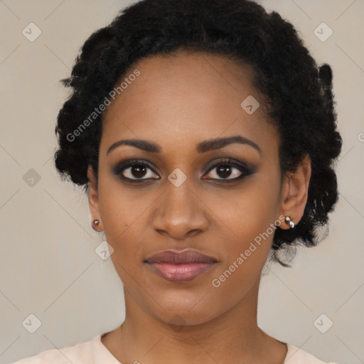 Joyful latino young-adult female with short  black hair and brown eyes