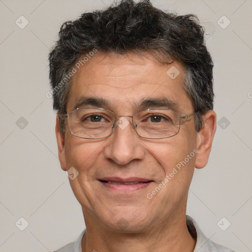 Joyful white middle-aged male with short  brown hair and brown eyes