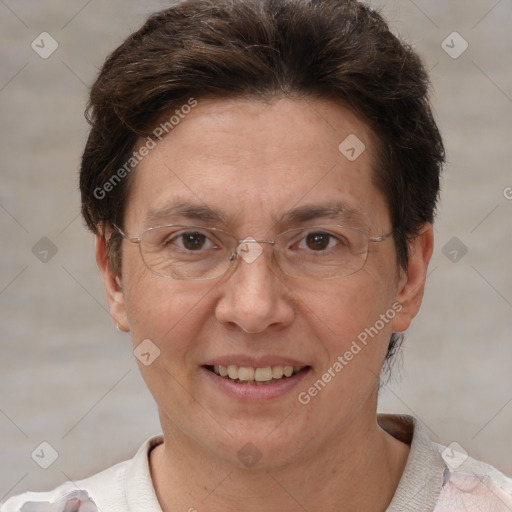 Joyful white adult female with short  brown hair and brown eyes