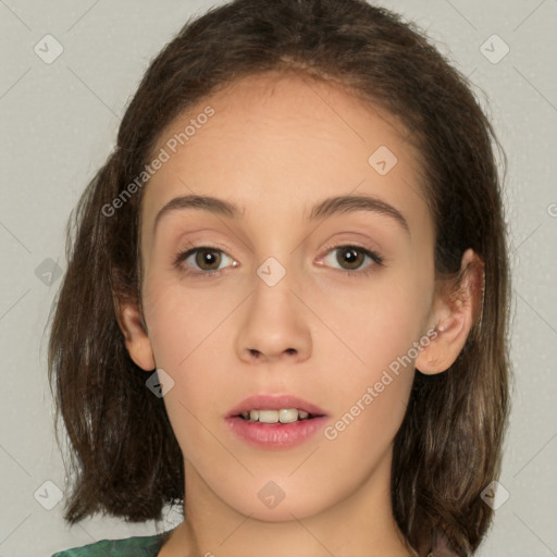 Neutral white young-adult female with medium  brown hair and brown eyes