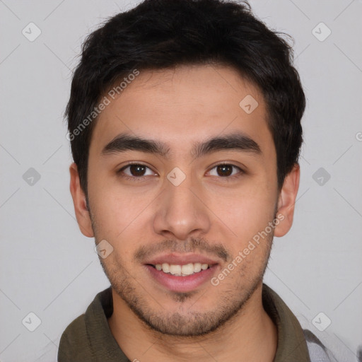 Joyful latino young-adult male with short  brown hair and brown eyes