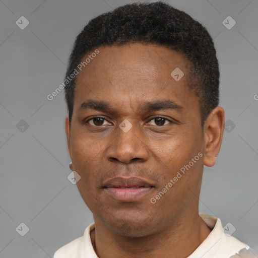 Neutral black young-adult male with short  black hair and brown eyes