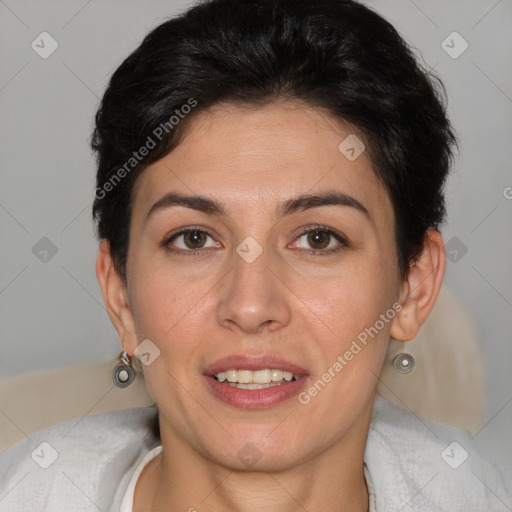 Joyful white young-adult female with short  brown hair and brown eyes