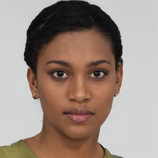 Neutral black young-adult female with short  brown hair and brown eyes