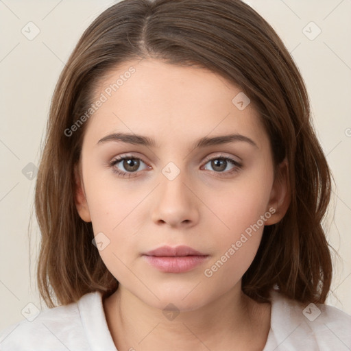 Neutral white young-adult female with medium  brown hair and brown eyes