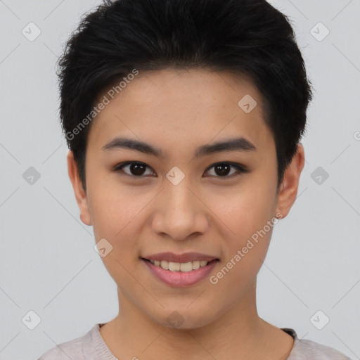 Joyful asian young-adult female with short  black hair and brown eyes