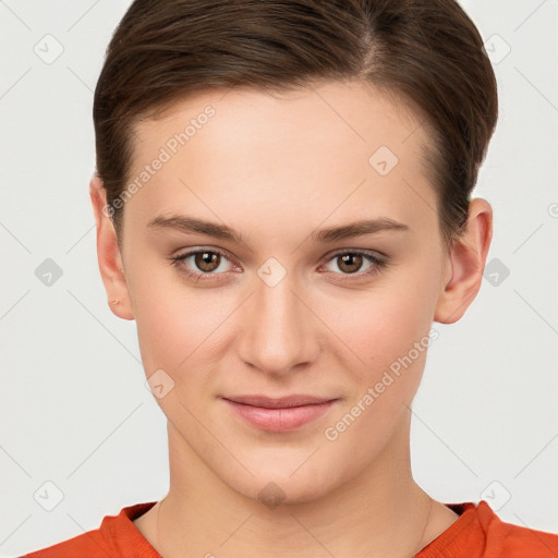 Joyful white young-adult female with short  brown hair and brown eyes