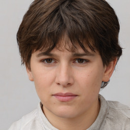 Neutral white young-adult female with short  brown hair and brown eyes