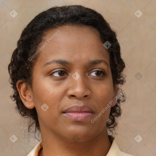 Neutral black young-adult female with medium  brown hair and brown eyes