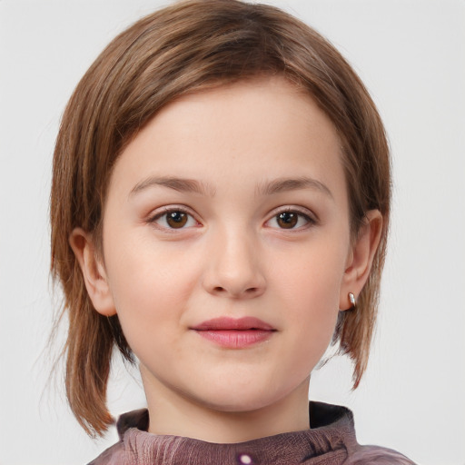 Joyful white child female with medium  brown hair and grey eyes