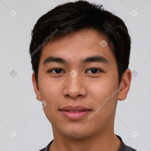 Neutral asian young-adult male with short  brown hair and brown eyes