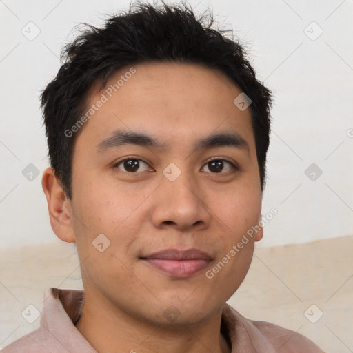 Joyful asian young-adult male with short  brown hair and brown eyes