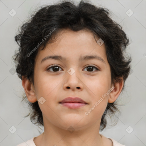 Joyful white child female with medium  brown hair and brown eyes