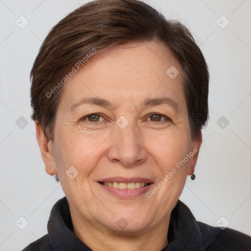 Joyful white adult female with short  brown hair and brown eyes