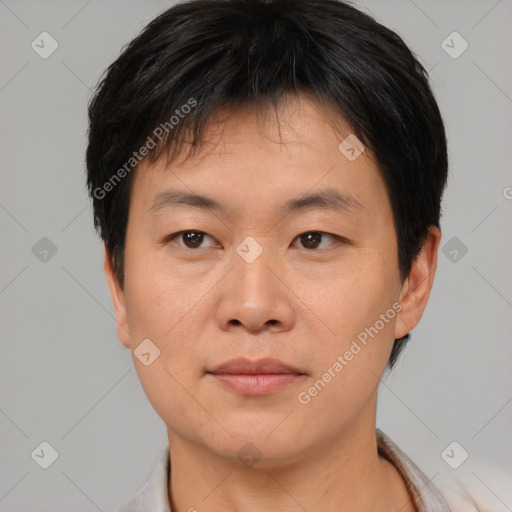 Neutral asian young-adult male with short  black hair and brown eyes