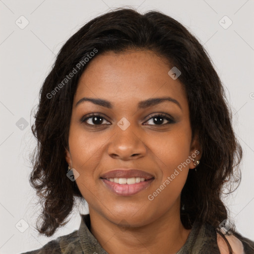 Joyful black young-adult female with medium  brown hair and brown eyes