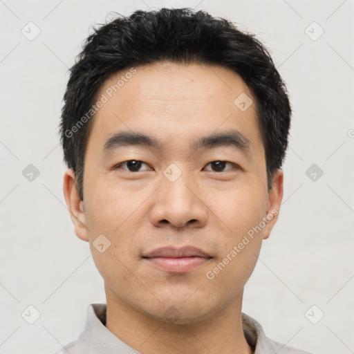 Neutral asian young-adult male with short  black hair and brown eyes