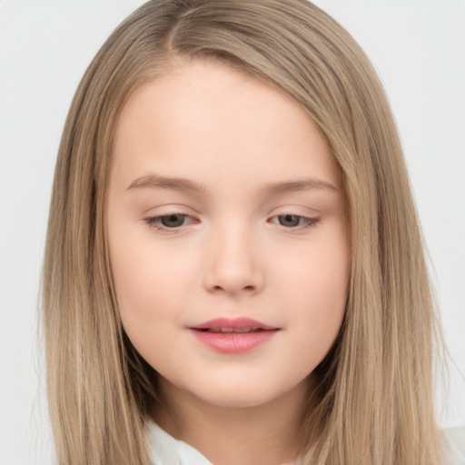 Neutral white child female with long  brown hair and brown eyes