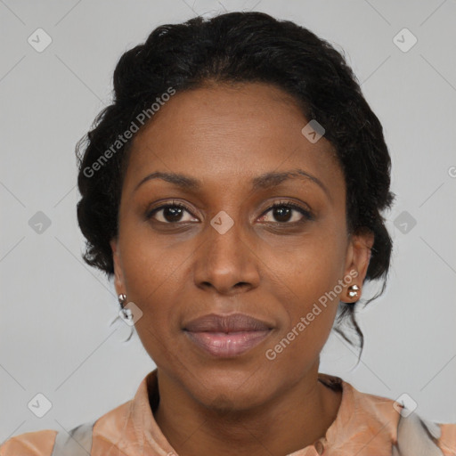 Joyful black young-adult female with medium  black hair and brown eyes