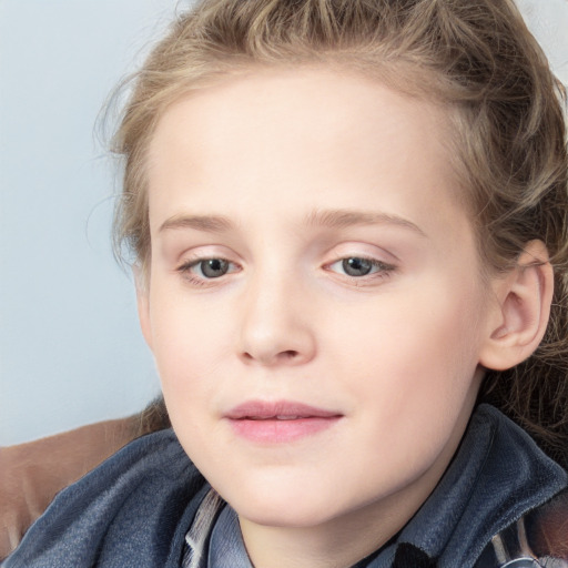 Joyful white child female with medium  brown hair and blue eyes