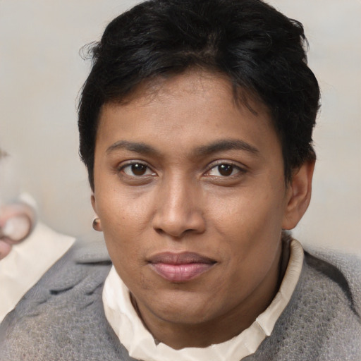 Joyful latino young-adult female with short  brown hair and brown eyes