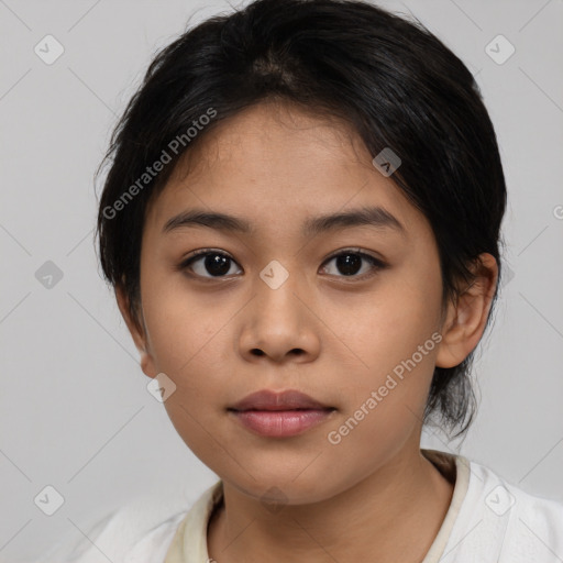 Neutral asian young-adult female with medium  brown hair and brown eyes