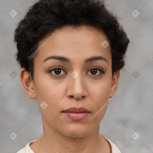 Neutral white young-adult female with short  brown hair and brown eyes