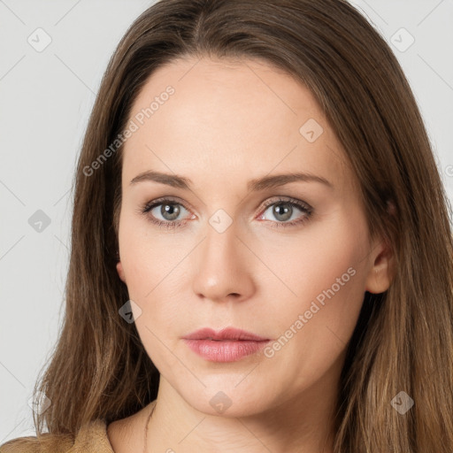 Neutral white young-adult female with long  brown hair and grey eyes