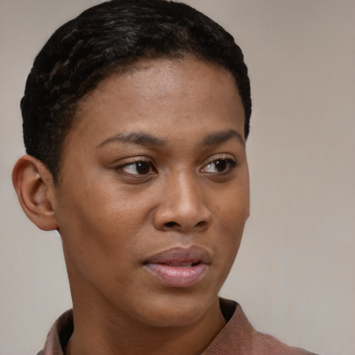 Neutral black young-adult female with short  brown hair and brown eyes