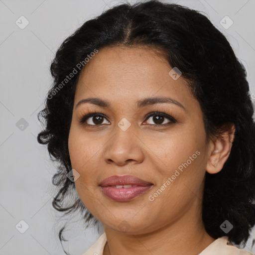 Joyful latino young-adult female with medium  brown hair and brown eyes