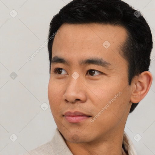 Neutral asian young-adult male with short  black hair and brown eyes