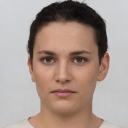 Neutral white young-adult female with short  brown hair and brown eyes