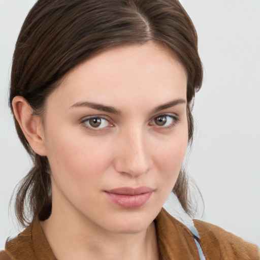 Neutral white young-adult female with medium  brown hair and brown eyes