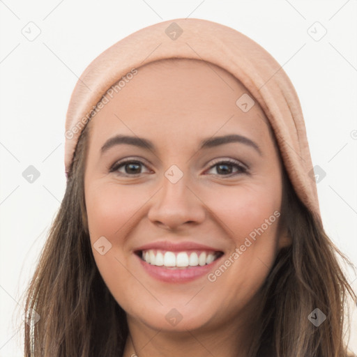 Joyful white young-adult female with long  brown hair and brown eyes