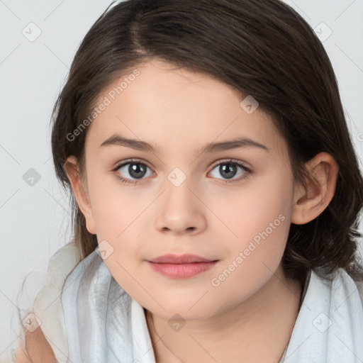 Joyful white child female with medium  brown hair and brown eyes