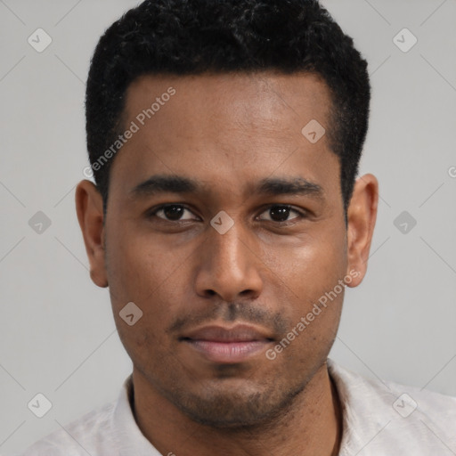 Neutral latino young-adult male with short  black hair and brown eyes