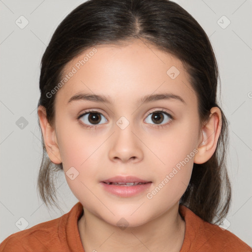 Joyful white child female with medium  brown hair and brown eyes