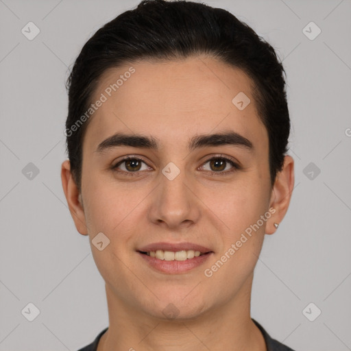 Joyful white young-adult male with short  brown hair and brown eyes